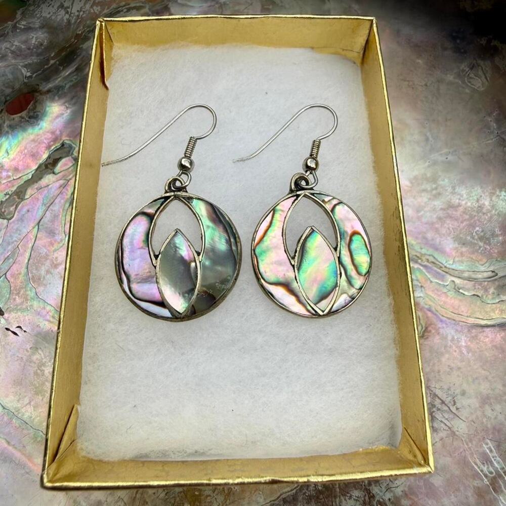 Vintage Stirling Silver Abalone Earrings. 1.5" and gold box.